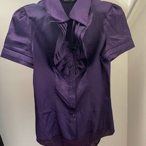 Purple buttons-up bodysuit with pleated collar
